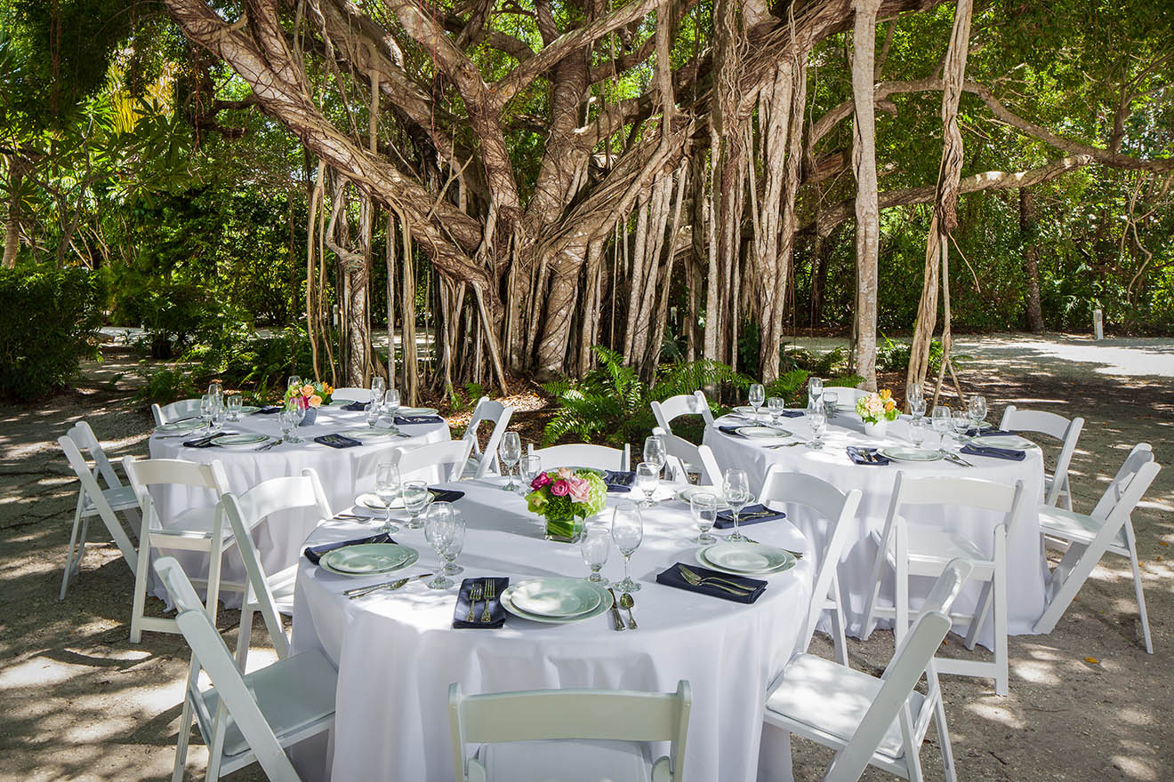 Tables with white linens and white chairs and drinking glasses with plates outdoors near large tree at the Sea Oats Estate in Captiva Island, FL